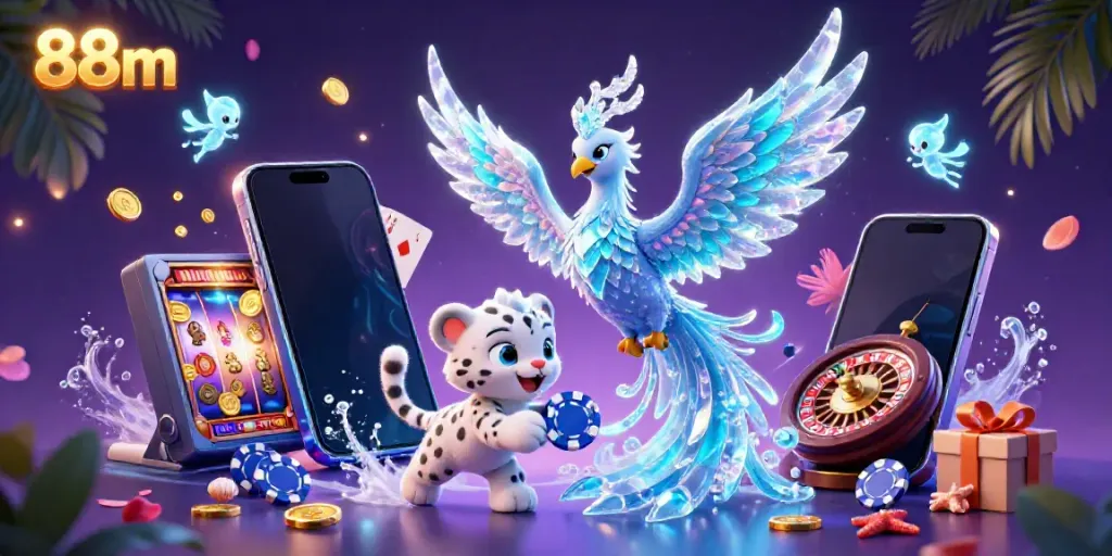 Engage with stunning 88m gaming visuals featuring an ice phoenix, poker chip, and vibrant slot game elements.