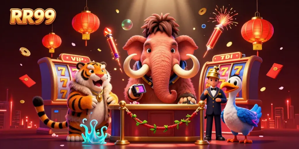 Experience RR99 excitement with a cartoon bouncer, tiger guest, and dynamic casino backdrop.