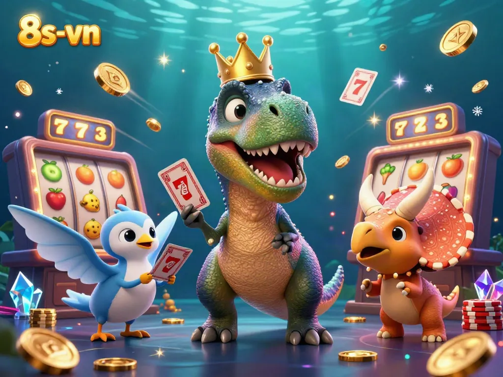Join the adventure with the 8s-vn T-Rex as it shuffles cards in a colorful casino scene filled with slot machines and glimmering gold coins.