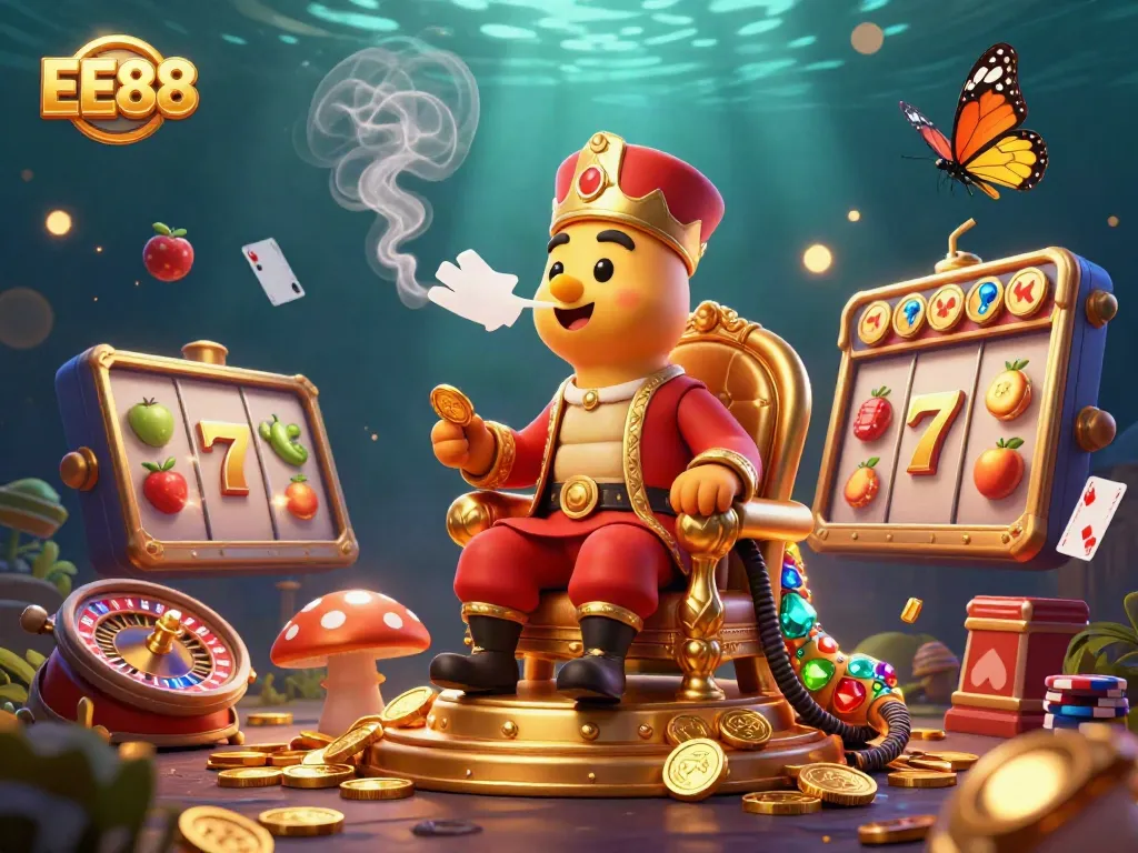 Engaging EE88 online slots scene with a whimsical sultan caterpillar and vibrant game elements.