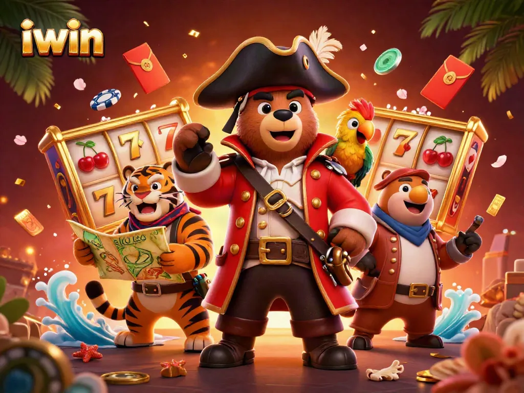 iwin casino illustration with a pirate captain bear, poker elements, and dynamic rich background