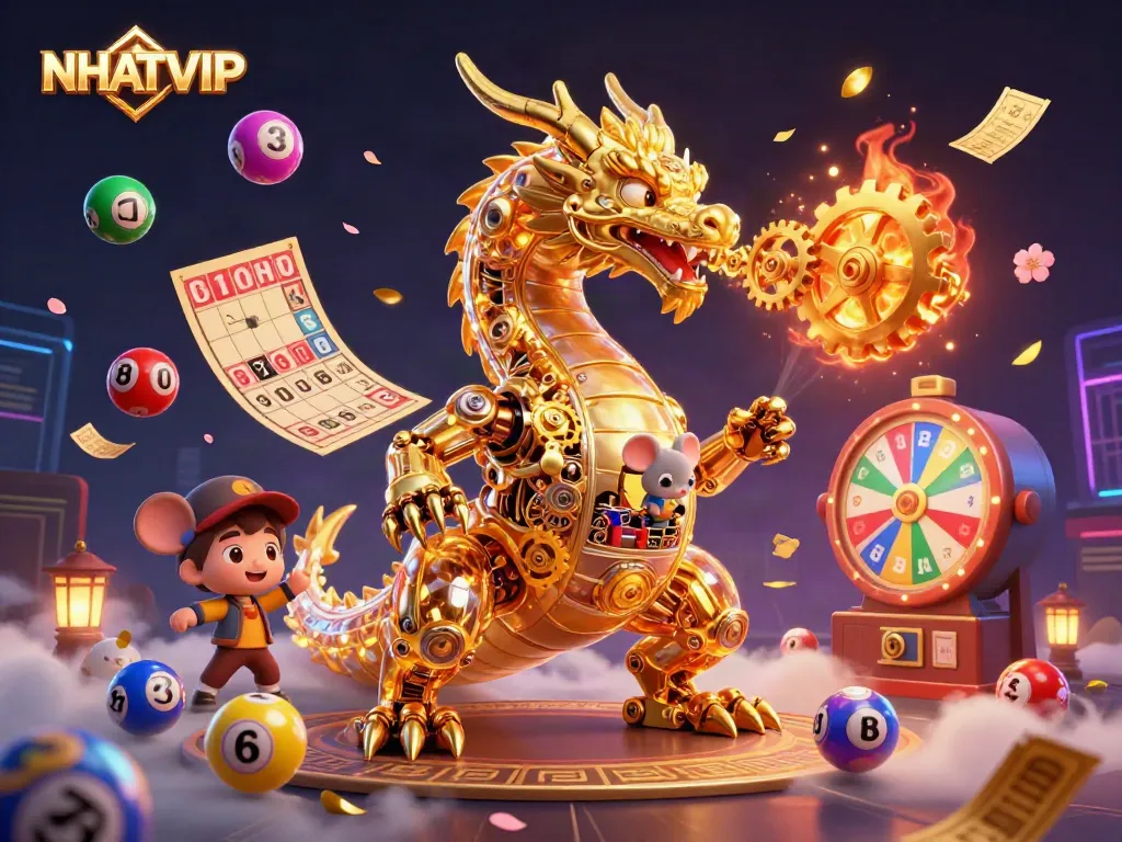 Engage with NHATVIP's thrilling games featuring a dynamic golden dragon and lottery elements.
