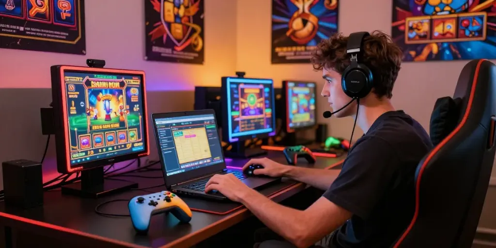 Player enjoying a captivating slot game experience on a vibrant gaming setup with colorful controllers.
