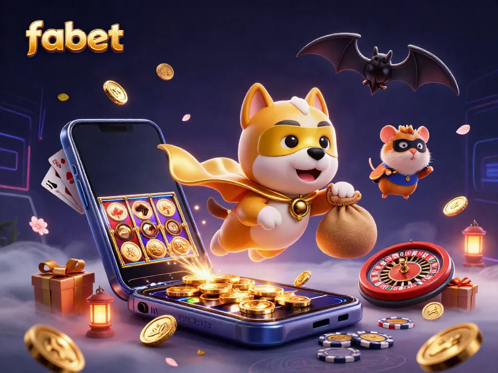Engage with fabet in an action-packed 3D scene featuring a superhero dog and colorful gaming elements.