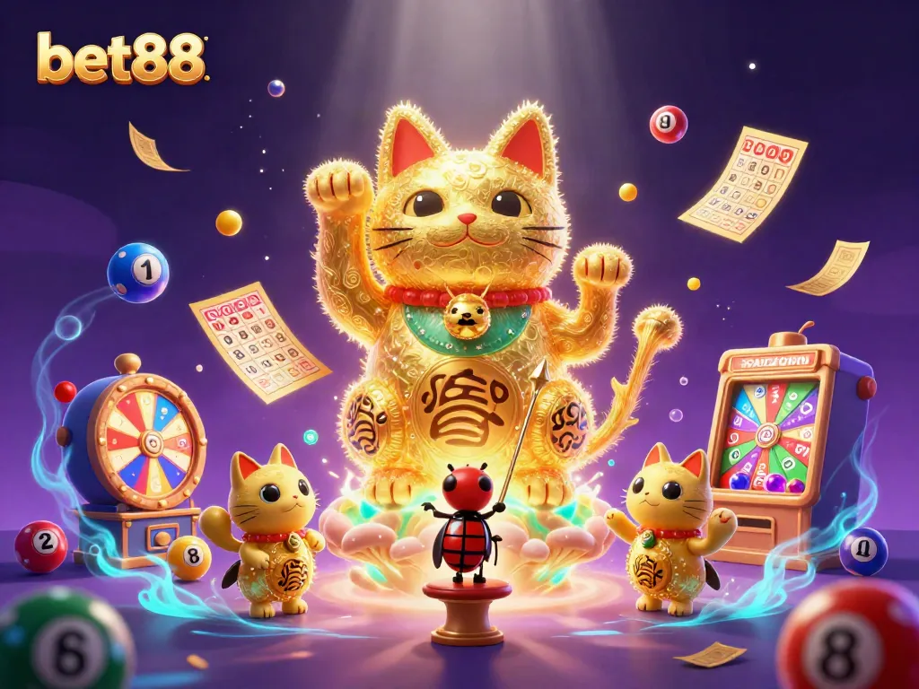 Experience the excitement of bet88 with a vibrant casino scene featuring a lucky cat and colorful game elements.