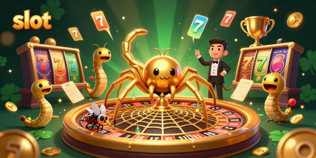 Menggoda pemain slot dengan ilustrasi laba-laba emas yang memutar roda roulette dan elemen slot lainnya.
