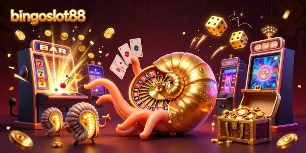 Bingoslot88 menghadirkan pengalaman bermain kasino yang seru dengan ilustrasi 3D nautilus kuno dan mesin slot.