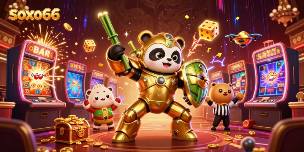 Engage with soxo66's thrilling casino action featuring a mech-suit panda and dynamic slot machines.