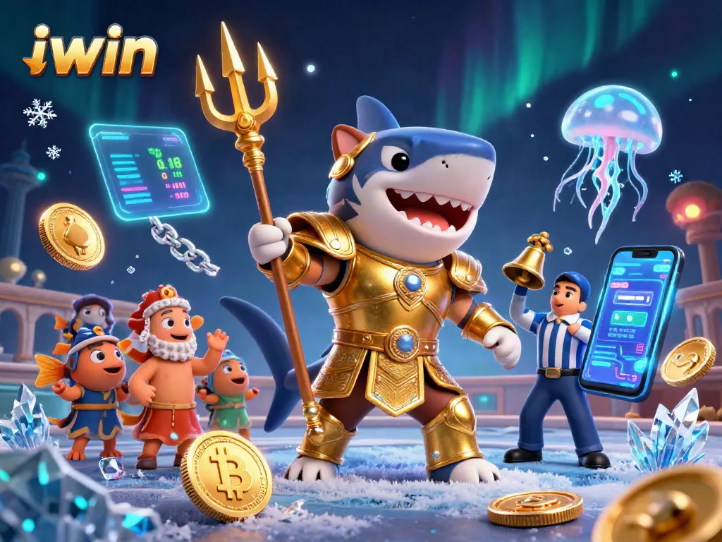Join the gaming excitement with iwin, featuring a gladiator shark in a vibrant casino scene.