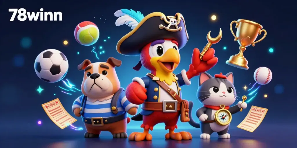 Experience thrilling gameplay at 78winn with a dynamic 3D illustration of a pirate captain and his crew.
