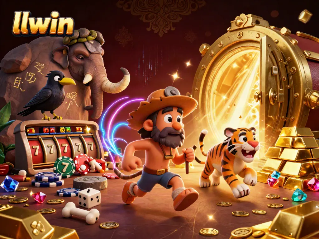Experience thrilling winnings at llwin with cartoon caveman and sabertooth tiger in a vibrant prehistoric casino.