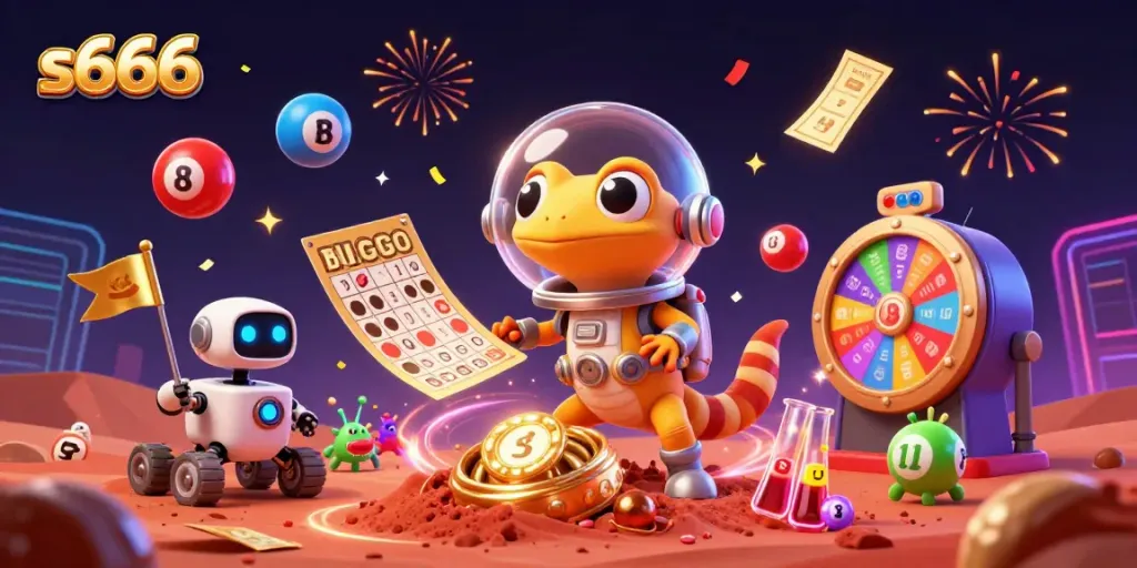 Experience thrilling gameplay at s666 with Martian gecko exploring a casino amid vibrant gambling elements.