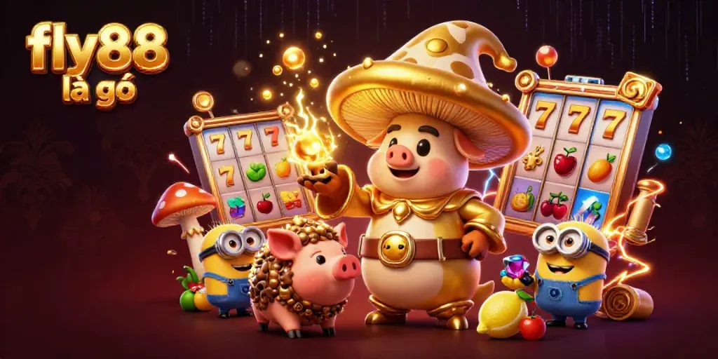Engage with fly88 là gì through a whimsical scene of a golden mushroom wizard, rich in slot elements and treasure.