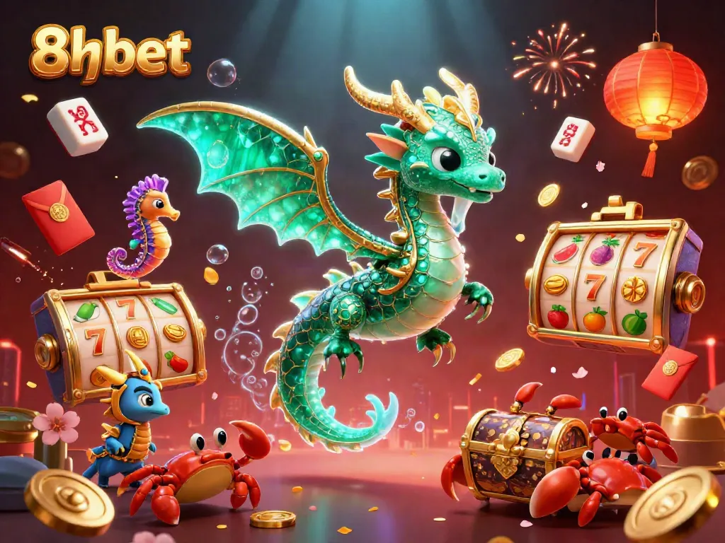 Engage with 8xbet's thrilling slot reels and dragon treasure in a vibrant casino scene.