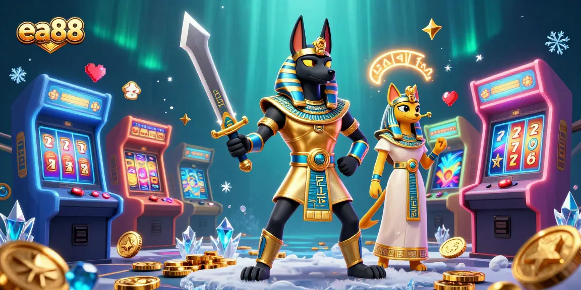 Experience thrilling gameplay with ea88, featuring Anubis and Bastet among glowing casino elements.