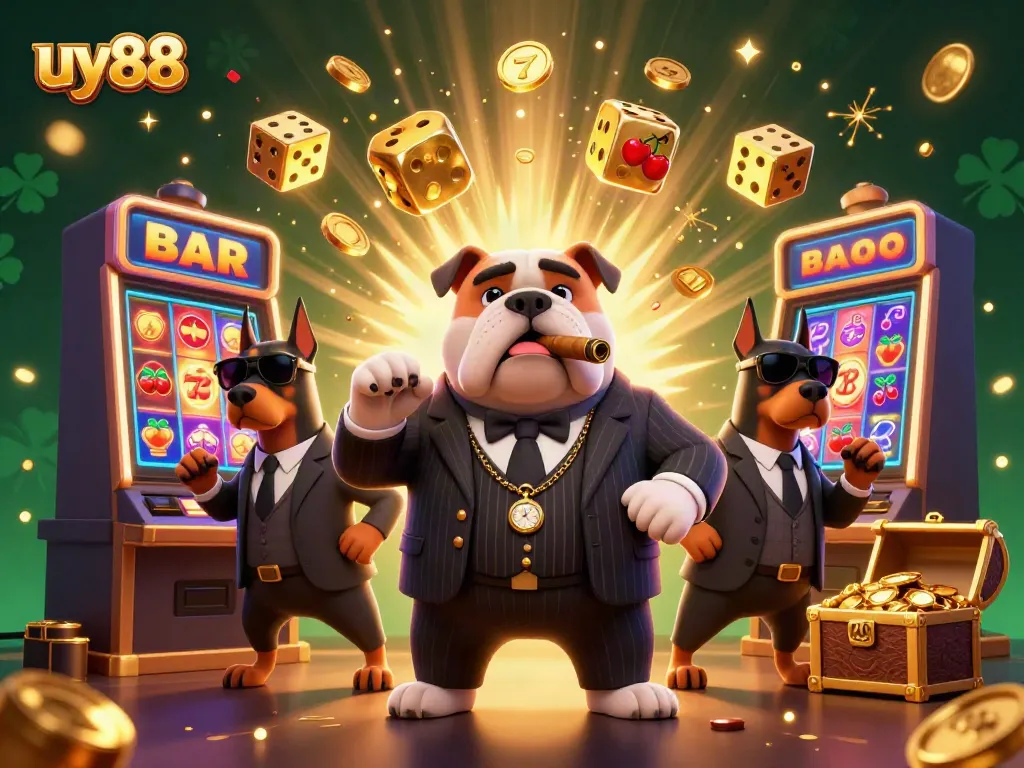 Win big at uy88 with a vibrant casino scene featuring slot machines and golden treasures.