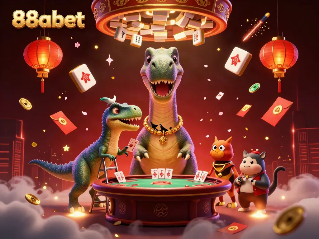 Experience the excitement of 88abet with a whimsical casino scene featuring a giant brontosaurus and raptor dealers.