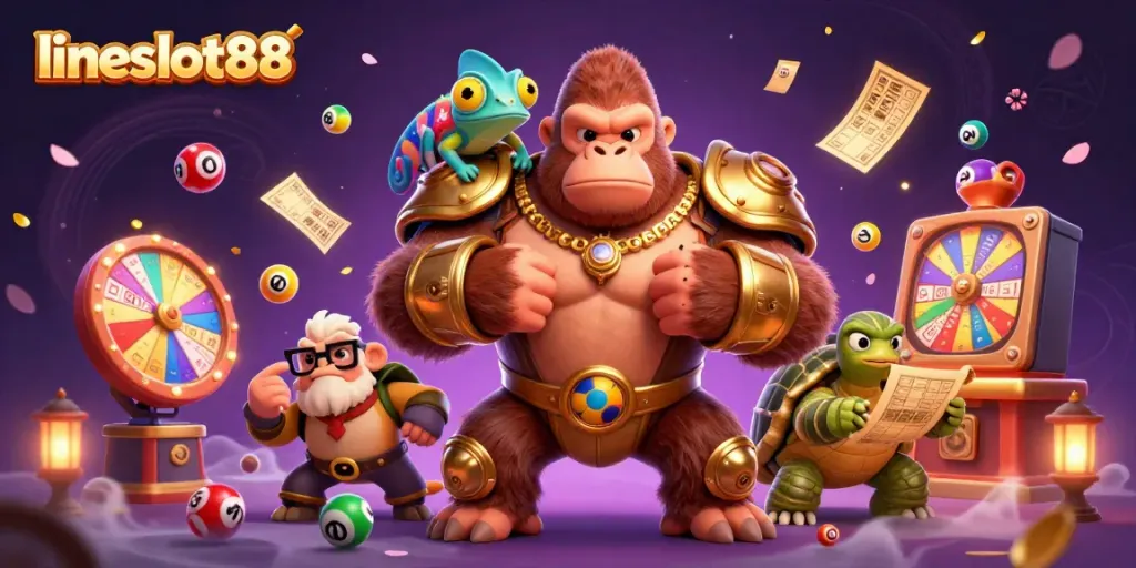 Engage with lineslot88's vibrant casino scene featuring a golden gorilla, colorful lottery balls, and dynamic game elements.