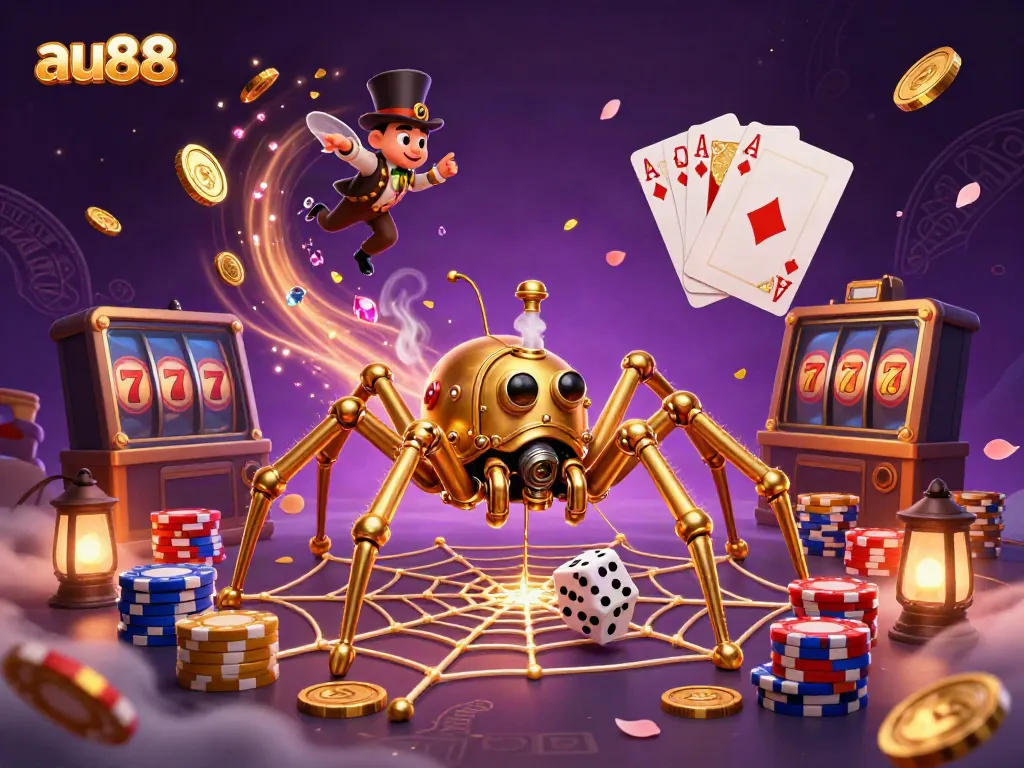 Experience thrilling gameplay with au88's golden web of rewards featuring steampunk elements and vibrant casino visuals.
