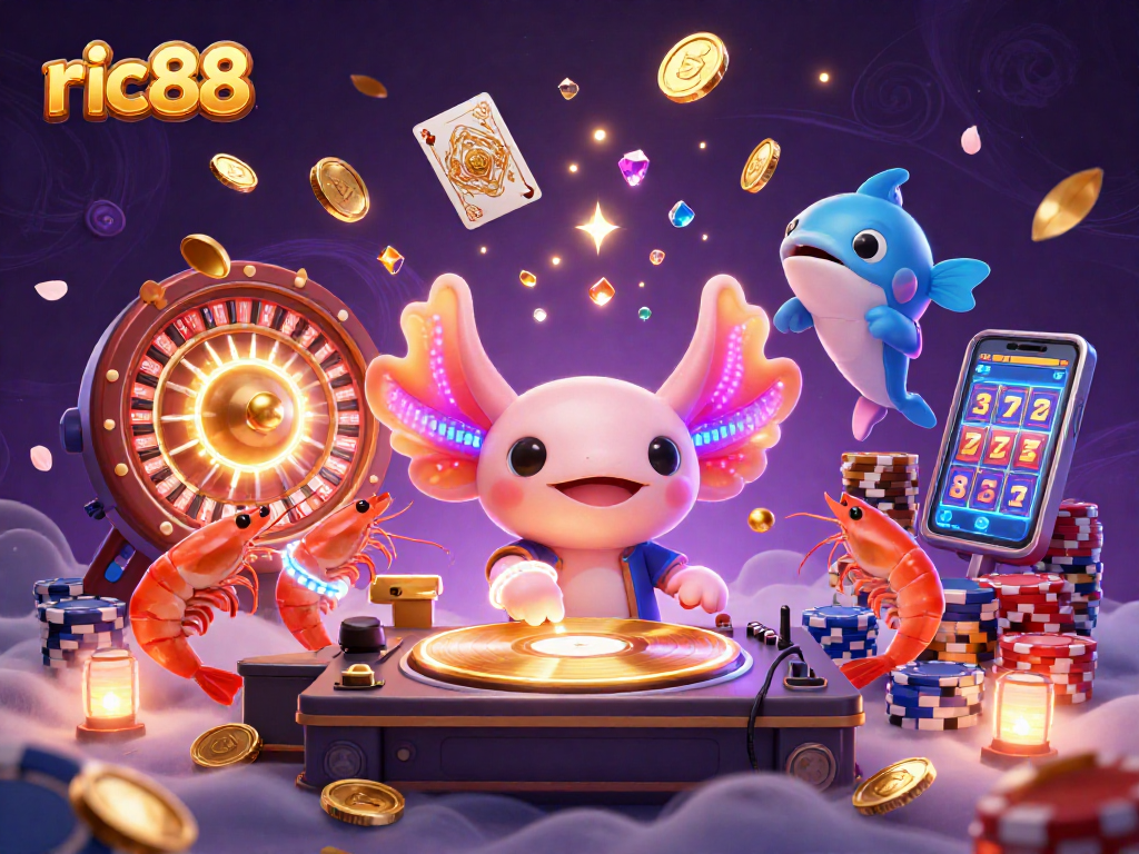 Experience the excitement of ric88 with a colorful 3D party scene featuring slot machines and festive characters.