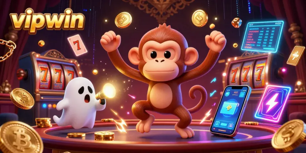 Experience thrilling gameplay in vipwin’s vibrant haunted casino illustration with juggling gold coins.