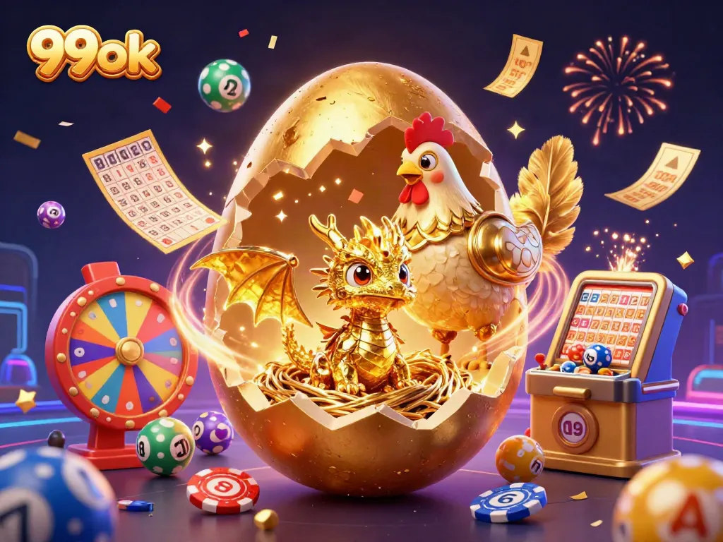 Play exciting games and win big at 99ok with dazzling illustrations of golden elements and lottery fun.