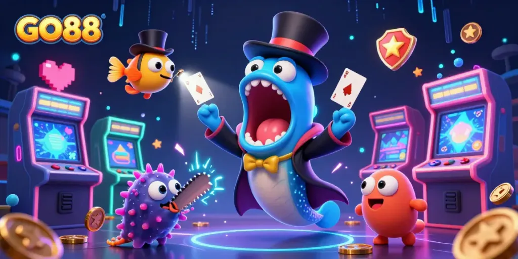 Engage in thrilling casino games with GO88 as a bioluminescent sea creature enchantingly performs card tricks.