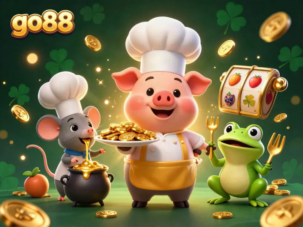 Experience the excitement of go88 with a whimsical 3D casino scene featuring a chef pig serving gold coins and engaging characters.