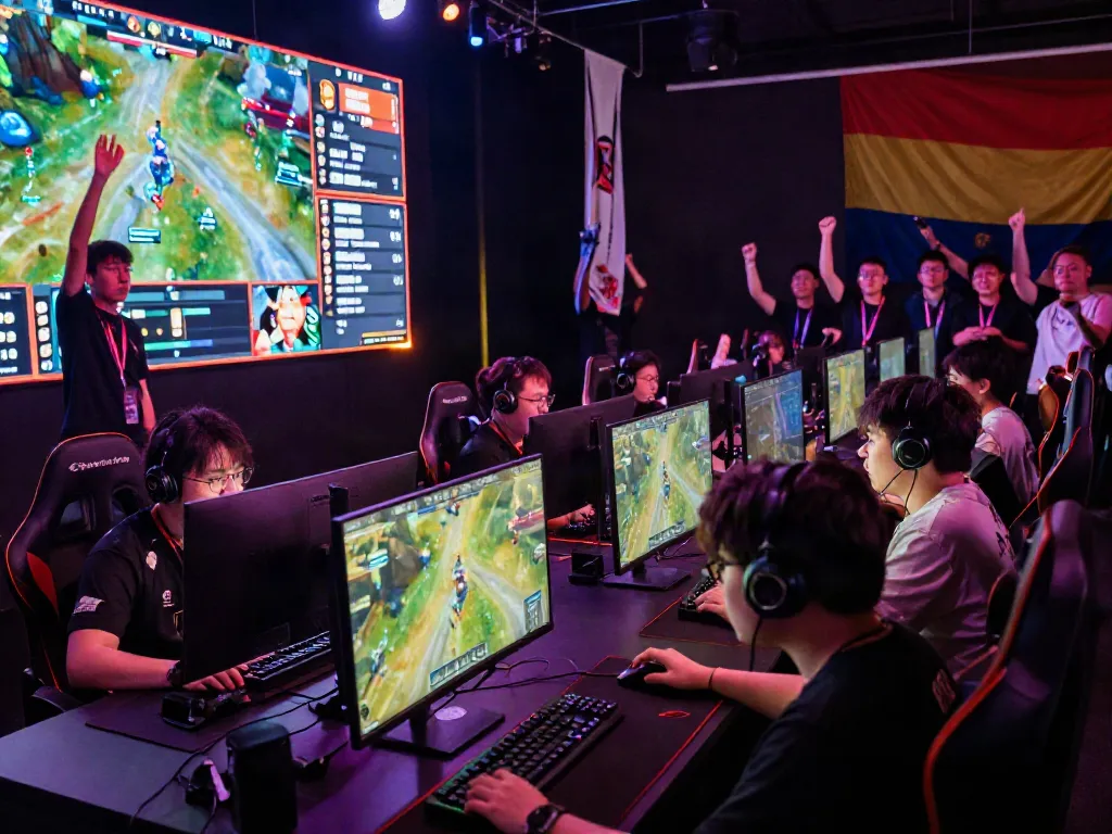Dynamic eSports tournament scene showcasing gamers engaging with istana404 on stage.