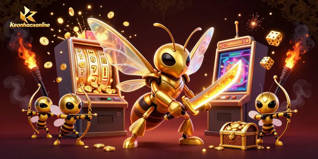 Experience the excitement of keonhacaionline with a vibrant 3D casino scene featuring golden hornet warriors and slot machines.