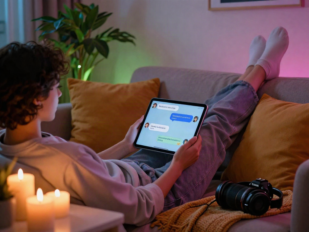 Engaging in an AI chat nsfw on a cozy couch with ambient lighting