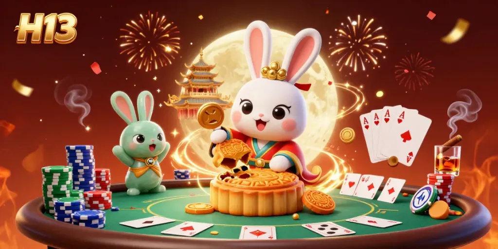 Immerse yourself in H13's vibrant gaming world, where mythical rabbits reveal poker chips in a casino scene.