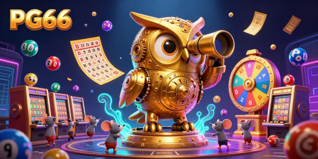 Experience thrilling PG66 gaming with a clockwork owl and vibrant lottery elements in this detailed casino scene.