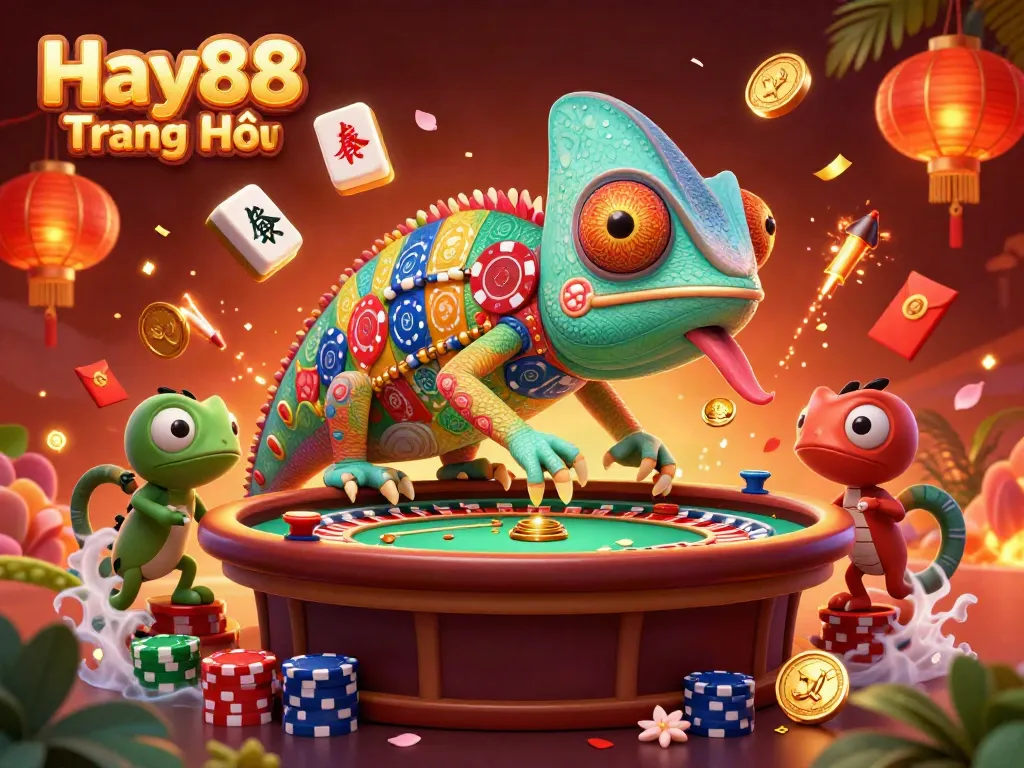 Engage with Hay88 Trang Chủ, featuring a vibrant casino scene with a colorful chameleon mascot.