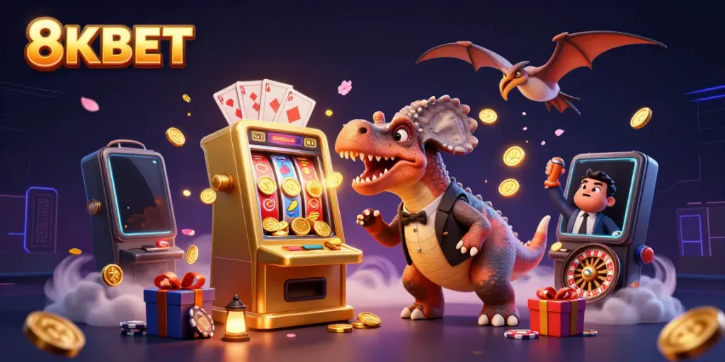 Experience the excitement of 8KBET with a pachycephalosaurus winning jackpot coins at a slot machine.