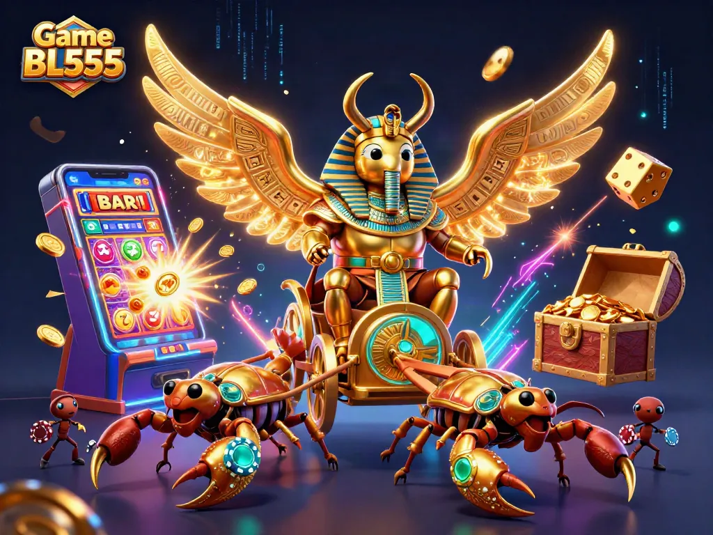 Engage with Game BL555, featuring a dynamic scene of a golden scarab beetle and vibrant casino elements.