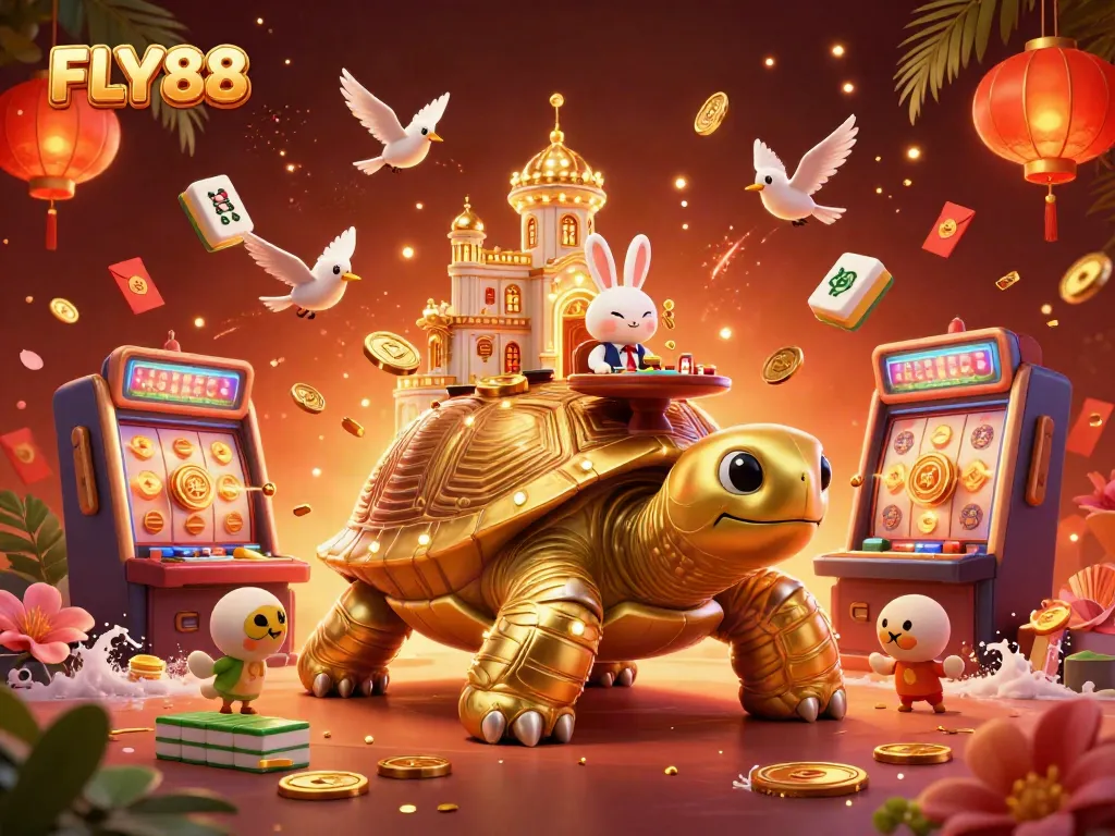 Experience the excitement of FLY88 with a vibrant 3D casino scene featuring a golden tortoise and a rabbit dealer.