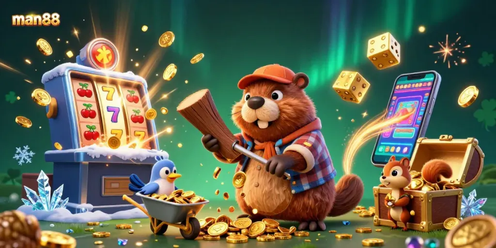 Experience thrilling wins at man88 with vibrant gaming action and jackpot excitement in this dynamic illustration.