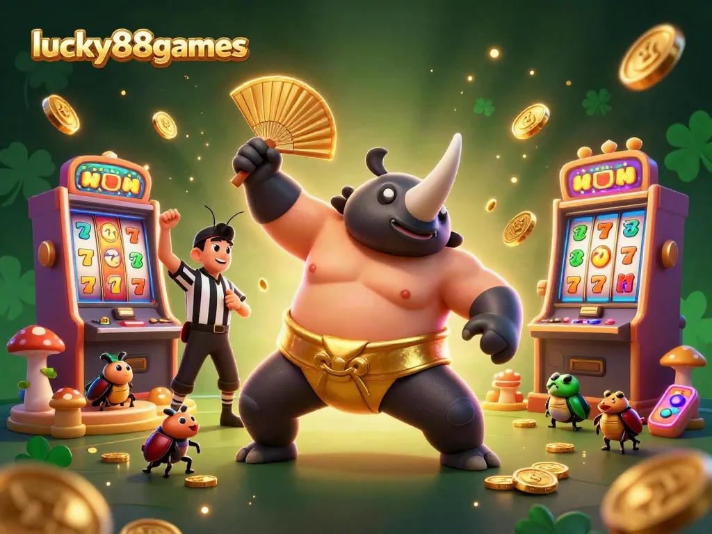 Witness the exciting action at lucky88games with a sumo beetle champion amidst flying gold coins and vibrant slot machines.