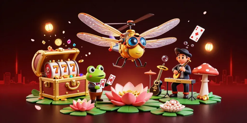Spin the reels with tk88 at this lively lily pad casino featuring a frog croupier and joyful musicians.