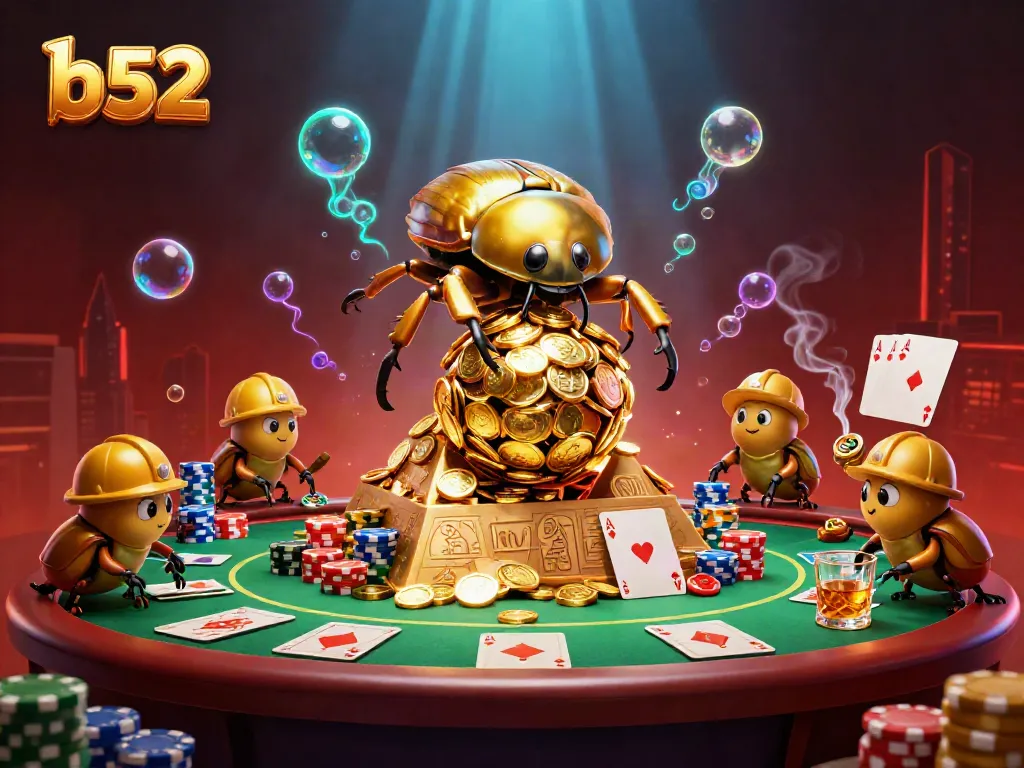 B52 players enjoy a vibrant cartoon scene with golden coins, poker elements, and lively beetles in action.