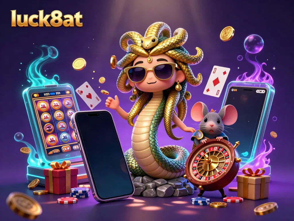 Engage with luck8at's vibrant casino scene featuring a friendly Medusa and warrior mouse enjoying slot games.