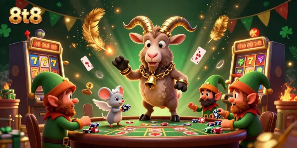Experience the thrill of 8tt8 casino where Krampus, angel mouse, and gremlins interact amidst vibrant slot machines.