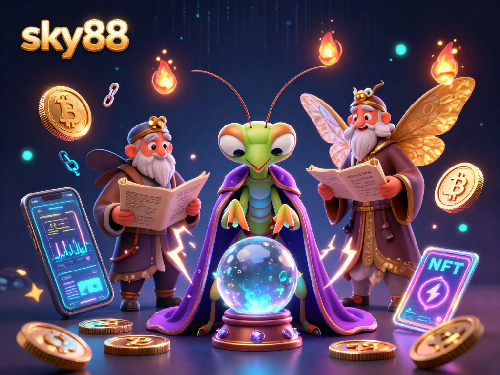 Experience sky88's vibrant gaming world with 3D characters and crypto elements dynamically interacting.
