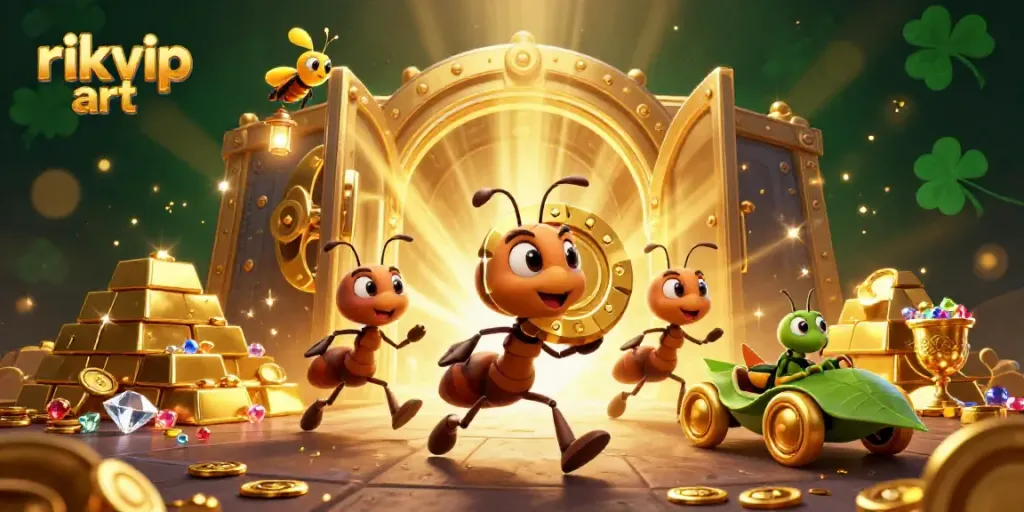 Engage in thrilling escapades with rikvip art as daring ants steal a giant poker chip in a vibrant casino heist scene.