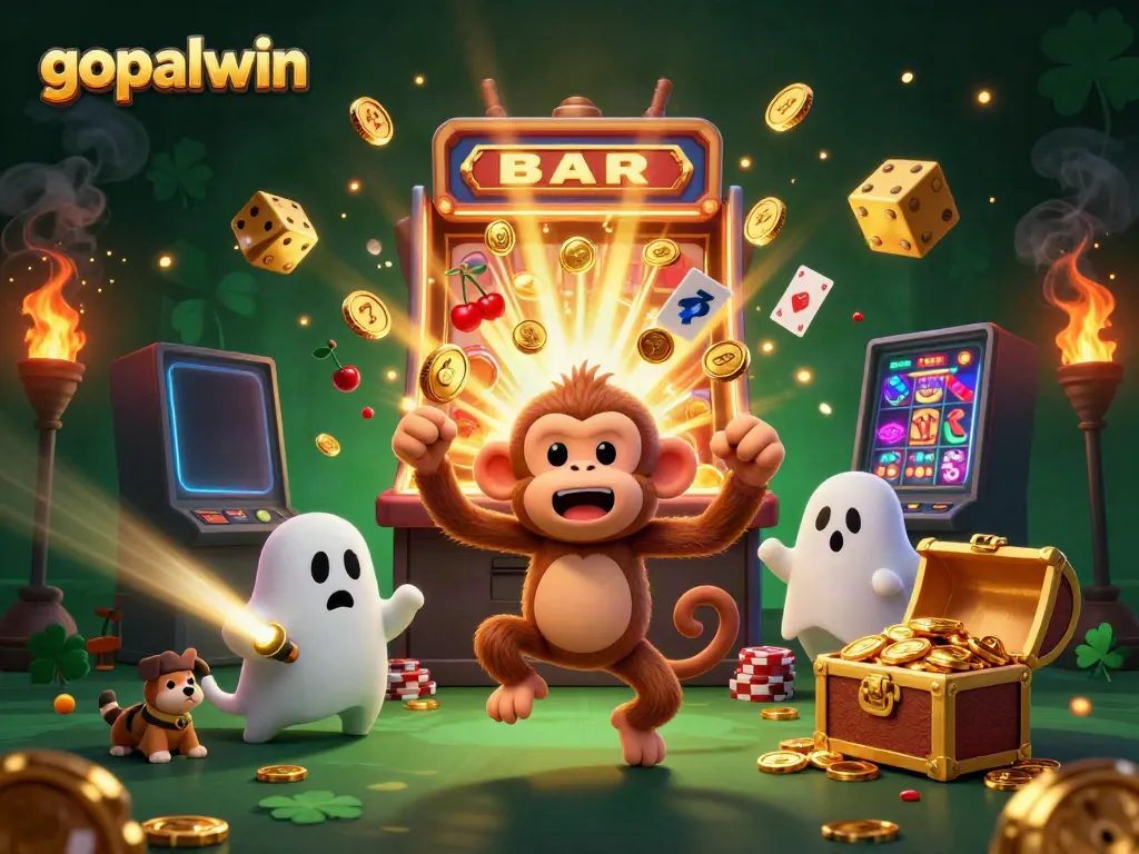 gopalwin features a mischievous monkey juggling golden casino tokens in a haunted slot machine setting