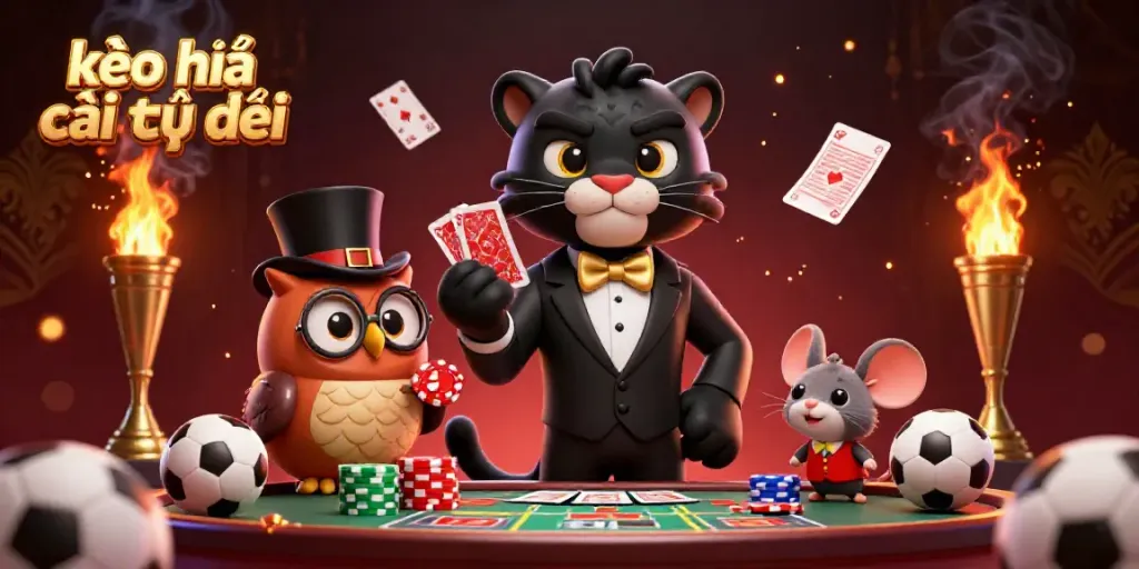 Engaging illustration of kèo nhà cái trực tiếp with cartoon panther dealing cards and owl holding poker chips amid sports betting elements.