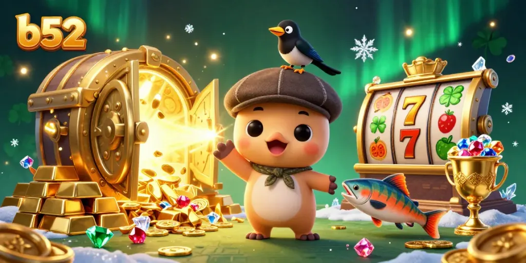 B52 themed vibrant casino scene showcasing playful characters amid golden treasures and slot reels.