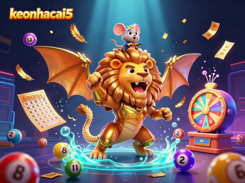 Experience the excitement of keonhacai5 with a vibrant 3D digital illustration showcasing a roaring chimera and interactive gaming elements.