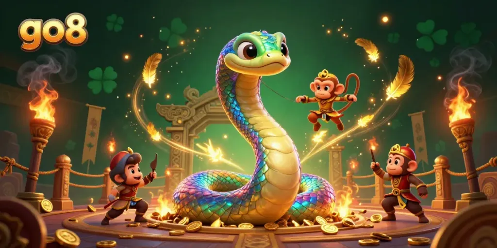 Experience the vibrant go8 gaming adventure with a dazzling rainbow serpent and golden monkey king amidst a magical atmosphere.